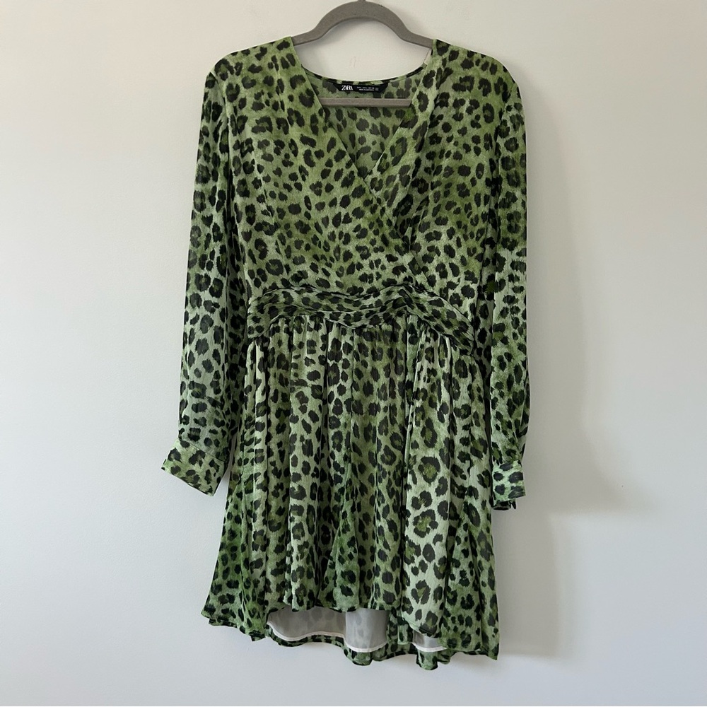 Zara Green Leopard Print Long Sleeve V Neck Gold Metallic Cocktail Mini Dress L